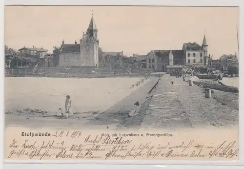 96893 Ak Stolpmünde (Ustka) Mole mit Lotsenhaus und Strandpavillon 1904