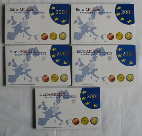 BRD Lot von 5 x KMS 2002 A,D,F,G,J mit 1 Cent bis 2 € Komplett PP (104160)