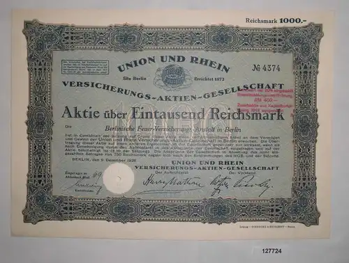 1000 Mark Aktie Union & Rhein Versicherungs AG Berlin 9.Dezember 1926 (127724)