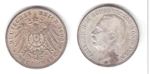 3 Mark Silbermünze Baden Großherzog Friedrich II 1908 Jäger 39  (111535)