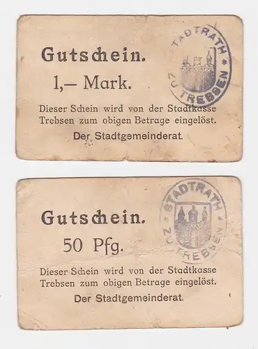 2 Banknoten 50 Pfennig und 1 Mark Notgeld Stadt Trebsen ohne Datum (122373)