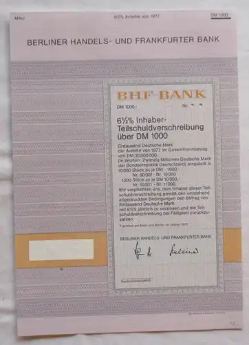 1.000 DM Aktie BHF-Bank Berliner Handels- und Frankfurter Bank 1977 (144230)