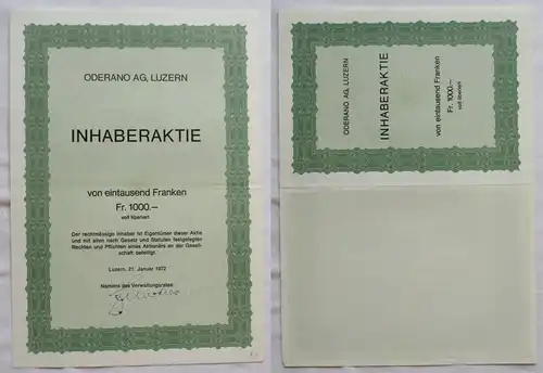 1.000 Franken Inhaber-Aktie Oderano AG Luzern 21.01.1972 (141157)