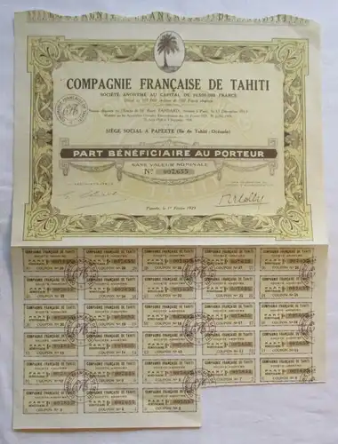 100 Franken Aktie Compagnie francaise de Tahiti Papeete 01.02.1929 (143328)