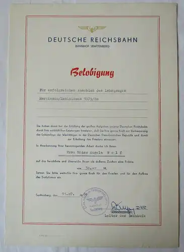 DDR Urkunde Belobigung Deutsche Reichsbahn Bahnhof Senftenberg 1980 (136354)