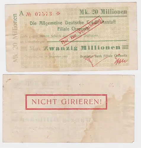 20 Millionen Mark Banknote allg.Dt.Credit Anstalt Chemnitz 19.09.1923 (119194)