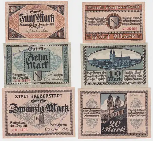 5, 10 und 20 Mark Banknoten Notgeld Stadt Halberstadt 1918 (120437)