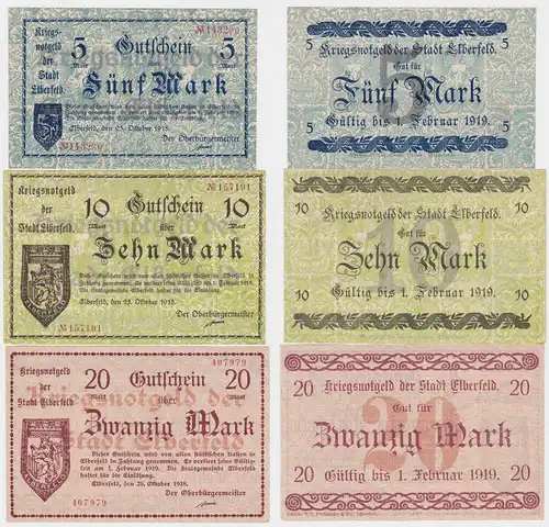5, 10 und 20 Mark Banknoten Notgeld Stadt Elberfeld 1918 (120462)