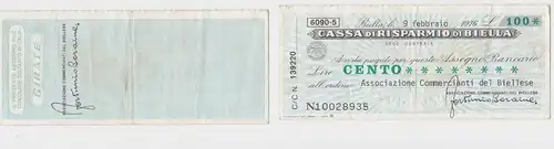 100 Lire Banknote Italien Italia Cassa di Risparmio di Biella  (150087)