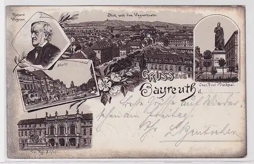 89491 AK Gruss aus Bayreuth - Blick nach dem Wagnertheater, Markt & Denkmal 1902