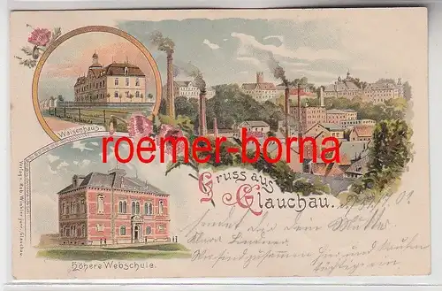 77115 Ak Lithographie Gruß aus Glauchau Waisenhaus, höhere Webschule 1901