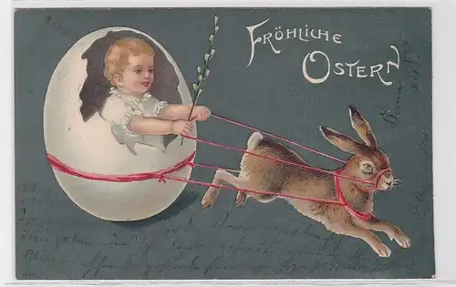 81342 Präge Oster Ak Kind in Osterei wird von Hasen gezogen 1903