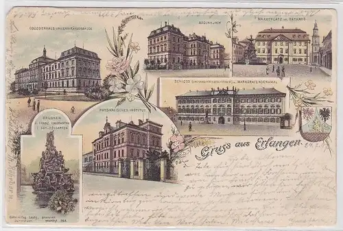 77468 Lithographie Ak Gruss aus Erlangen - Augenklinik, Marktplatz usw. 1897