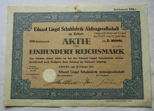 100 Reichsmark Aktie Eduard lingel Schuhfabrik Aktiengesellschaft 1933 (153885)