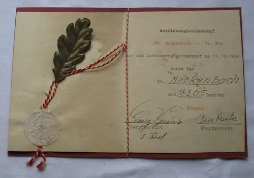 DDR Urkunde Gerätevergleichskampf Turnverein Merkenbach 1959 Sieger (101134)
