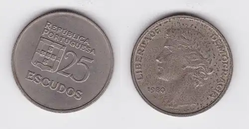 25 Escudos Kupfer-Nickel Münze Portugal 1980 Liberdade Democracia f.vz (140358)
