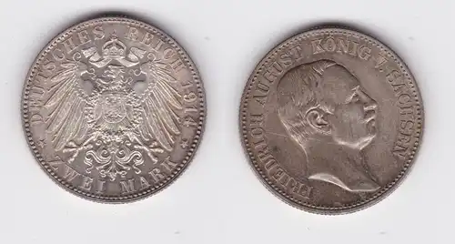 2 Mark Silbermünze Sachsen König Friedrich August 1914 Jäger 134 ss+ (142962)