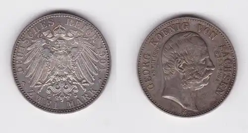 2 Mark Silber Münze Sachsen König Georg 1904 auf den Tod ss+ (148226)