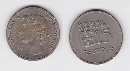 25 Escudos Kupfer-Nickel Münze Portugal 1981 Liberdade Democracia vz (145813)