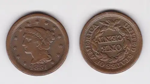 1 Cent Kupfer Münze USA 1851 ss+ (134604)