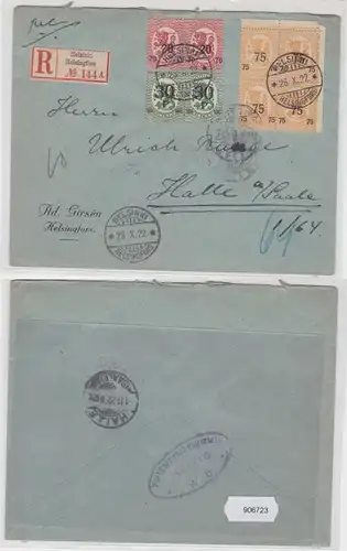 906723 Einschreibebrief Zudruck Ad. Girsén Helsingfors Helsinki nach Halle 1922