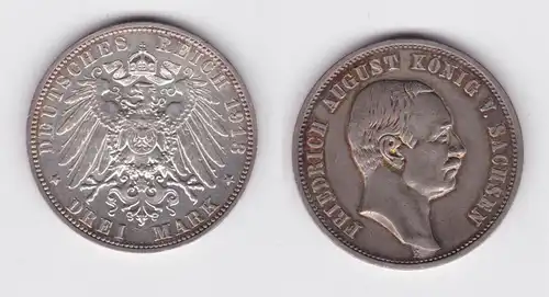 3 Mark Silbermünze Sachsen König Friedrich August 1913 Jäger 135 (149350)