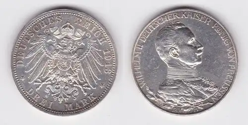 3 Mark Silbermünze Preussen Kaiser Wilhelm II in Uniform 1913 Jäger 112 (145057)