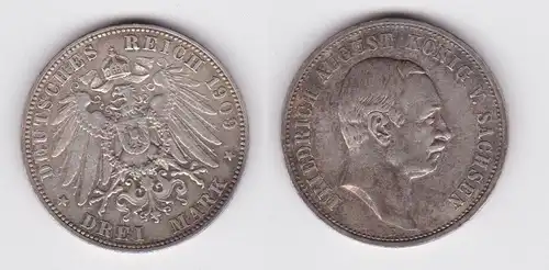 3 Mark Silber Münze Sachsen König Friedrich August 1909 E ss+ (115289)