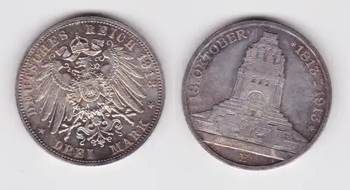 3 Mark Silber Münze Sachsen Völkerschlachtdenkmal Leipzig 1913 ss (106261)