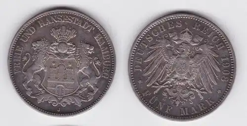 5 Mark Silbermünze Freie und Hansestadt Hamburg 1908 Jäger 65 ss+ (113497)