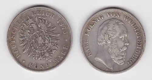 5 Mark Silbermünze Württemberg König Karl 1876 Jäger 173  (119149)