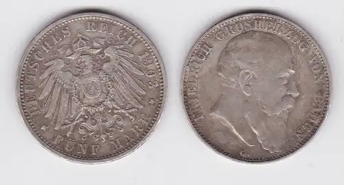 5 Mark Silbermünze Baden Großherzog Friedrich 1903 Jäger 33 f.ss (111908)