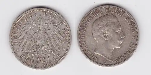 5 Mark Silbermünze Preussen Wilhelm II 1891 A Jäger 104 (105000)
