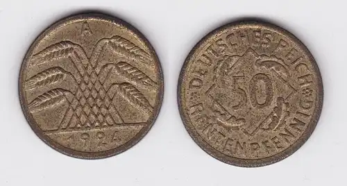 50 Rentenpfennig Messing Münze Weimarer Republik 1924 A Jäger 310 s/ss (134926)