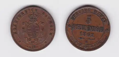 5 Pfennig Kupfer Münze Sachsen 1862 B (138790)