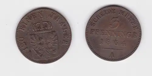 3 Pfennig Kupfer Münze Preussen 1864 A (138524)