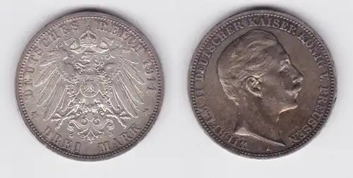 3 Mark Silbermünze Preussen Kaiser Wilhelm II 1911 A Jäger 103 ss+ (148132)