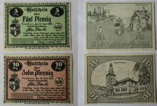 5 & 10 Pfennig Banknote Notgeld Stadt Sparkasse Treffurt 15. Juni 1920 (125288)