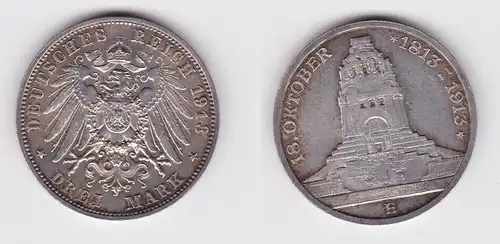 3 Mark Silber Münze Sachsen Völkerschlachtdenkmal Leipzig 1913 vz (103801)