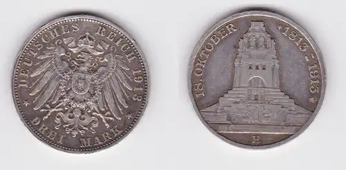 3 Mark Silber Münze Sachsen Völkerschlachtdenkmal Leipzig 1913 ss+ (105148)