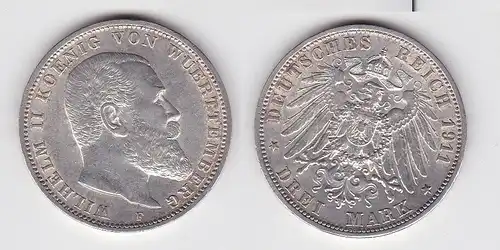 3 Mark Silber Münze Wilhelm II König von Württemberg 1911 ss+ (150631)