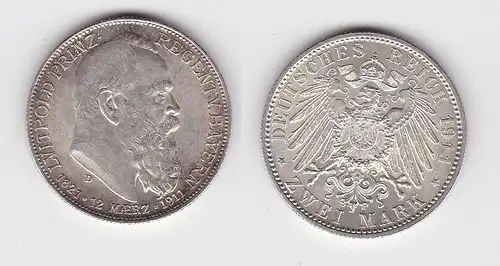 2 Mark Silbermünze Bayern Prinzregent Luitpold 1911 Jäger 48 vz (150100)