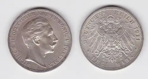 3 Mark Silbermünze Preussen Kaiser Wilhelm II 1911 A Jäger 103 ss+ (150246)