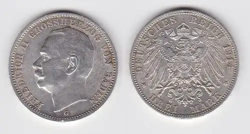 3 Mark Silbermünze Baden Großherzog Friedrich II 1914 Jäger 39 ss+ (142641)