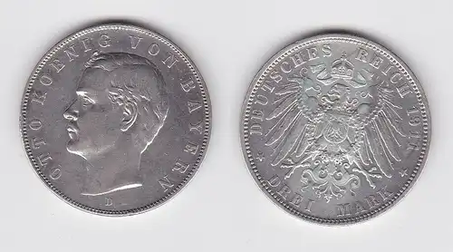 3 Mark Silber Münze Bayern König Otto 1911 D ss (140550)