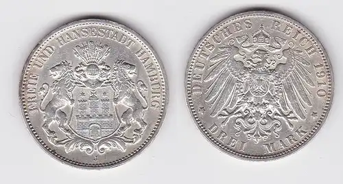 3 Mark Silbermünze Freie und Hansestadt Hamburg 1910 Jäger 64 f.vz (150248)