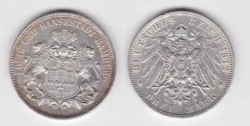 3 Mark Silbermünze Freie und Hansestadt Hamburg 1912 Jäger 64 f.vz (150628)
