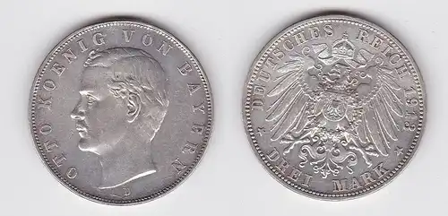 3 Mark Silbermünze Bayern König Otto 1913 Jäger 47 ss+ (140021)