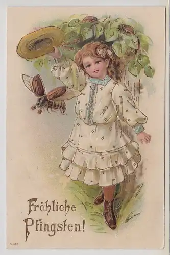 43889 Präge AK Fröhliche Pfingsten! Mädchen mit Hut und Maikäfer 1907