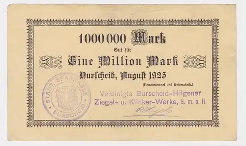 1 Million Mark Banknote Burscheid Hilgener Ziegel & Klinkerwerke 1923 (122602)